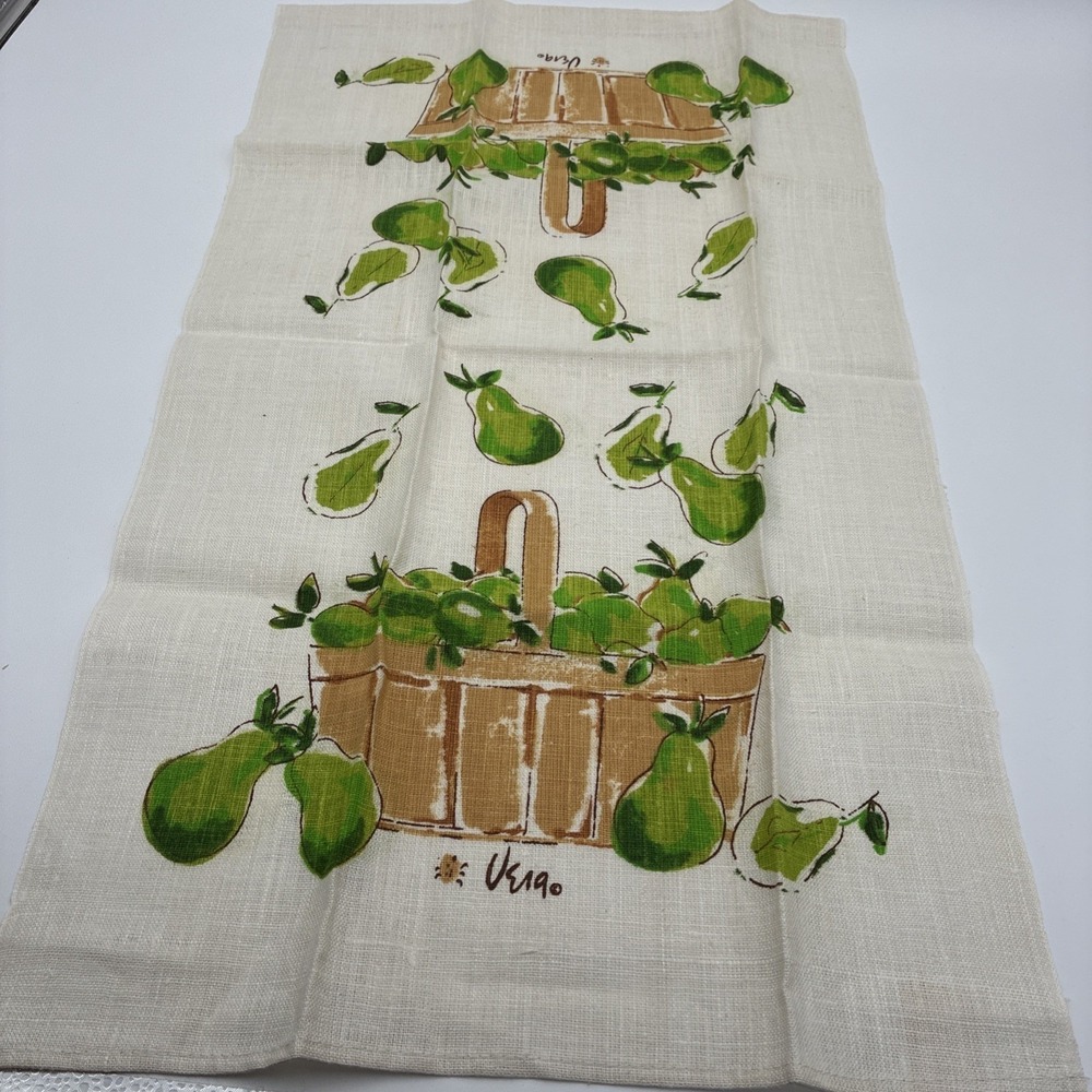 Vintage Vera Neumann Linen Tea Towel "Green Pears in A Basket" Made in Poland